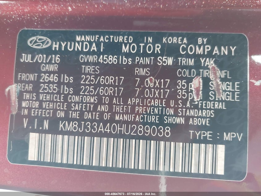 2017 Hyundai Tucson VIN KM8J33A40HU289038 IAAI salvage auction — NORMAL WEAR, Salvage Title, sold $1,800 on 2026-07-23 (photo 9)