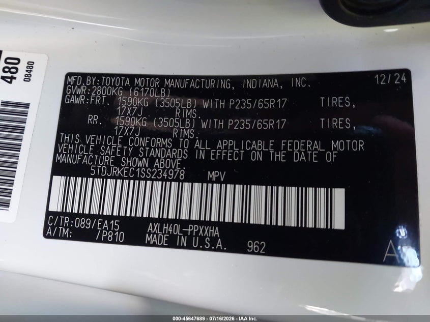 2025 Toyota Sienna VIN 5TDJRKEC1SS234978 IAAI salvage auction — FRONT END, Salvage Title, sold $22,050 on 2026-08-21 (photo 9)