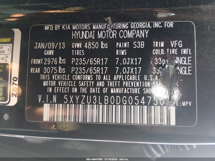 2013 Hyundai Santa fe VIN 5XYZU3LB0DG054750 IAAI salvage auction — SIDE, Clear (Minnesota), sold $300 on 2026-07-29 (photo 9)