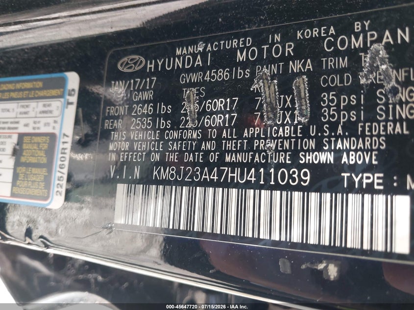 2017 Hyundai Tucson VIN KM8J23A47HU411039 IAAI salvage auction — FRONT END, Clear (South Carolina), sold $1,950 on 2026-07-17 (photo 9)