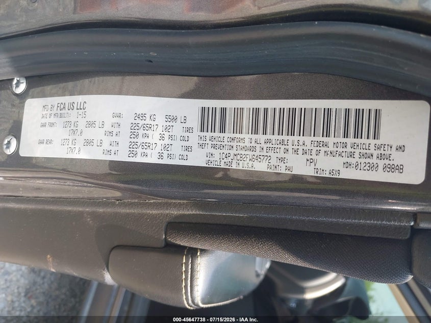 2015 Jeep Cherokee VIN 1C4PJMCB2FW645772 IAAI salvage auction — RIGHT SIDE, Wait Title, sold $600 on 2026-08-13 (photo 9)