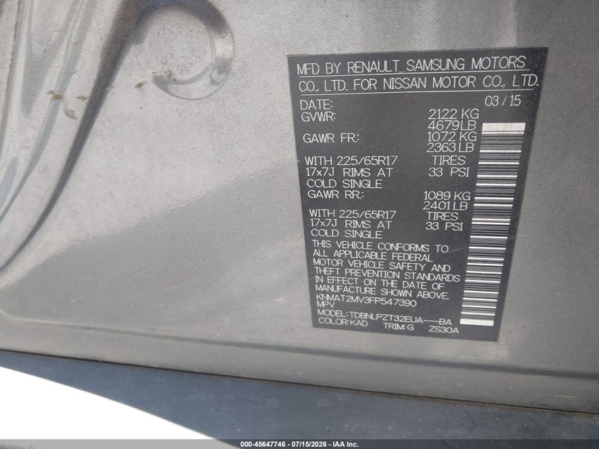 2015 Nissan Rogue VIN KNMAT2MV3FP547390 IAAI salvage auction — NORMAL WEAR, Clear (North Carolina), sold $1,675 on 2026-07-24 (photo 9)