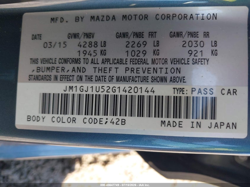 2016 Mazda 6 VIN JM1GJ1U52G1420144 IAAI salvage auction — FRONT END, Clear (South Carolina), sold $500 on 2026-07-17 (photo 9)