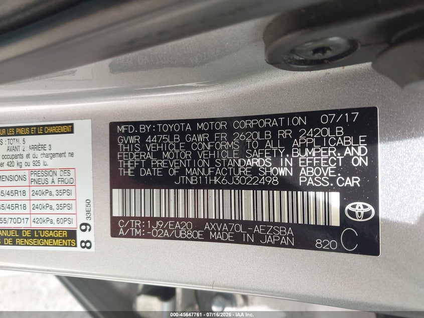 2018 Toyota Camry VIN JTNB11HK6J3022498 IAAI salvage auction — NORMAL WEAR, Repossession Paperwork (Georgia), sold $4,550 on 2026-07-31 (photo 9)