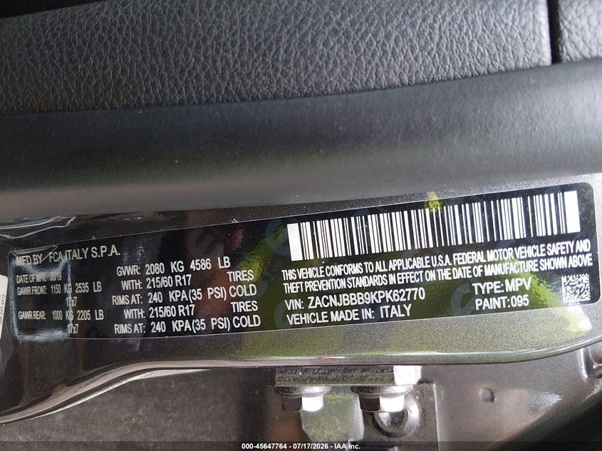 2019 Jeep Renegade VIN ZACNJBBB9KPK62770 IAAI salvage auction — LEFT FRONT, Salvage (Virginia), sold $4,500 on 2026-08-04 (photo 9)