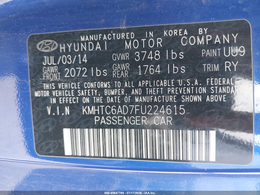 2015 Hyundai Veloster VIN KMHTC6AD7FU224615 IAAI salvage auction — THEFT, Junk Bill Of Sale Mv2459 (Wisconsin), sold $25 on 2026-07-28 (photo 9)