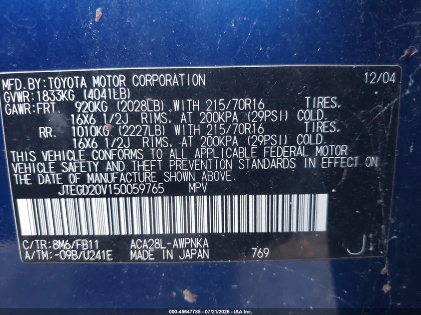 2005 Toyota Rav4 VIN JTEGD20V150059765 IAAI salvage auction — NORMAL WEAR, Clear (Michigan), sold $25 on 2026-07-27 (photo 9)