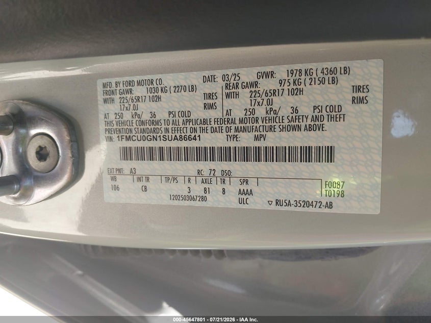 2025 Ford Escape VIN 1FMCU0GN1SUA86641 IAAI salvage auction — RIGHT SIDE, Enterprise Vehicles Clear Only (Texas), sold $8,500 on 2026-07-28 (photo 9)