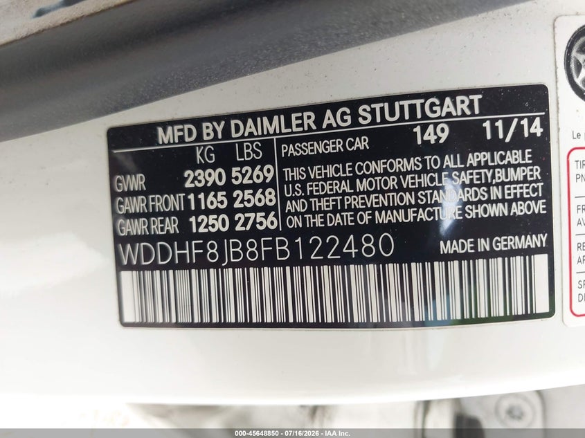 2015 Mercedes-benz E-class VIN WDDHF8JB8FB122480 IAAI salvage auction — NORMAL WEAR, Clear (District Of Columbia), sold $1,350 on 2026-07-29 (photo 9)