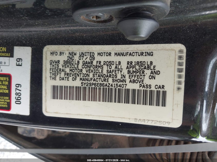2010 Pontiac Vibe VIN 5Y2SP6E86AZ415407 IAAI salvage auction — NORMAL WEAR, Clear (Florida), sold $425 on 2026-07-23 (photo 9)