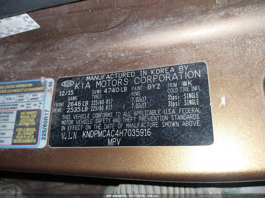 2017 Kia Sportage VIN KNDPMCAC4H7035916 IAAI salvage auction — RIGHT FRONT, Salvage (Pennsylvania), sold $1,300 on 2026-07-30 (photo 9)