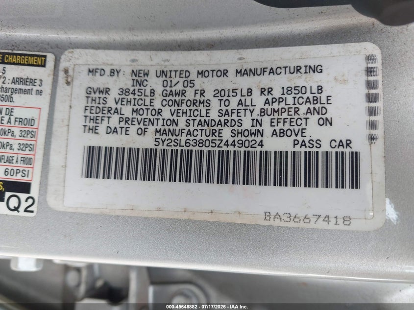 2005 Pontiac Vibe VIN 5Y2SL63805Z449024 IAAI salvage auction — NORMAL WEAR, Clear (Florida), sold $400 on 2026-07-23 (photo 9)
