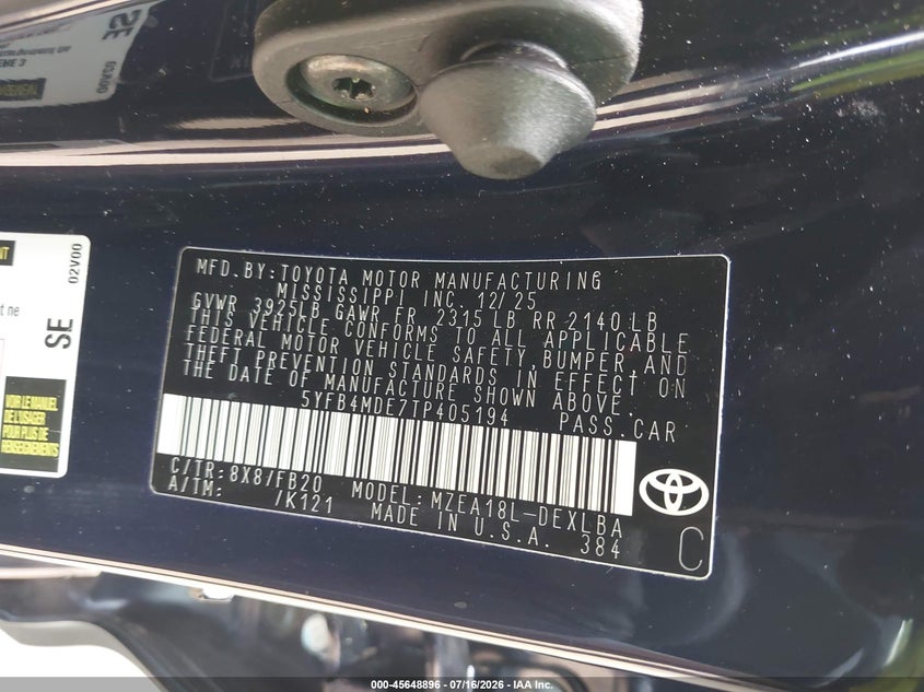 2026 Toyota Corolla VIN 5YFB4MDE7TP405194 IAAI salvage auction — REAR END, Salvage Title, sold $14,000 on 2026-07-23 (photo 9)