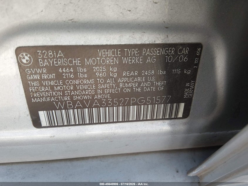 2007 BMW 3 series VIN WBAVA33527PG51577 IAAI salvage auction — FRONT END, Salvage (Nevada), sold $275 on 2026-07-31 (photo 9)