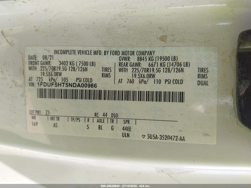 2022 Ford F550 VIN 1FDUF5HT5NDA00986 IAAI salvage auction — FRONT END, Clear (Pennsylvania), sold $7,100 on 2026-07-28 (photo 8)