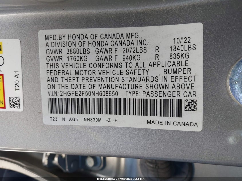 2022 Honda Civic VIN 2HGFE2F50NH608650 IAAI salvage auction — LEFT REAR, Salvage Title, sold $7,400 on 2026-08-22 (photo 9)