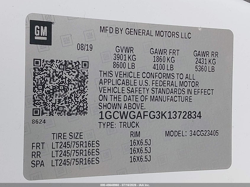 2019 Chevrolet Express 2500 VIN 1GCWGAFG3K1372834 IAAI salvage auction — NORMAL WEAR, Salvage (Florida), sold $2,950 on 2026-08-26 (photo 9)