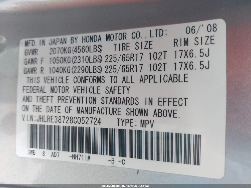 2008 Honda Cr-v VIN JHLRE38728C052724 IAAI salvage auction — NORMAL WEAR, Clear (Alabama), sold $1,300 on 2026-07-22 (photo 9)