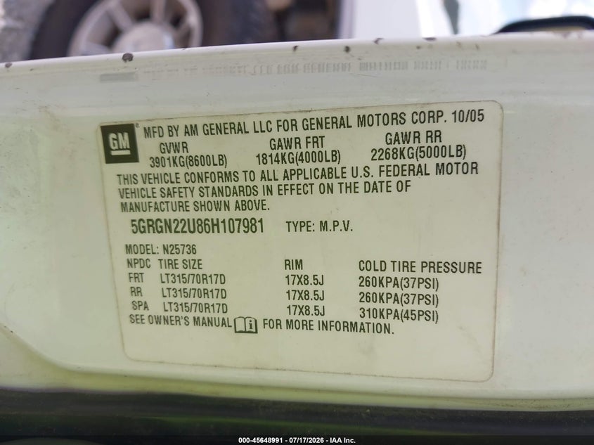 2006 Hummer H2 VIN 5GRGN22U86H107981 IAAI salvage auction — RIGHT REAR, Salvage (Georgia), sold $7,225 on 2026-08-31 (photo 9)