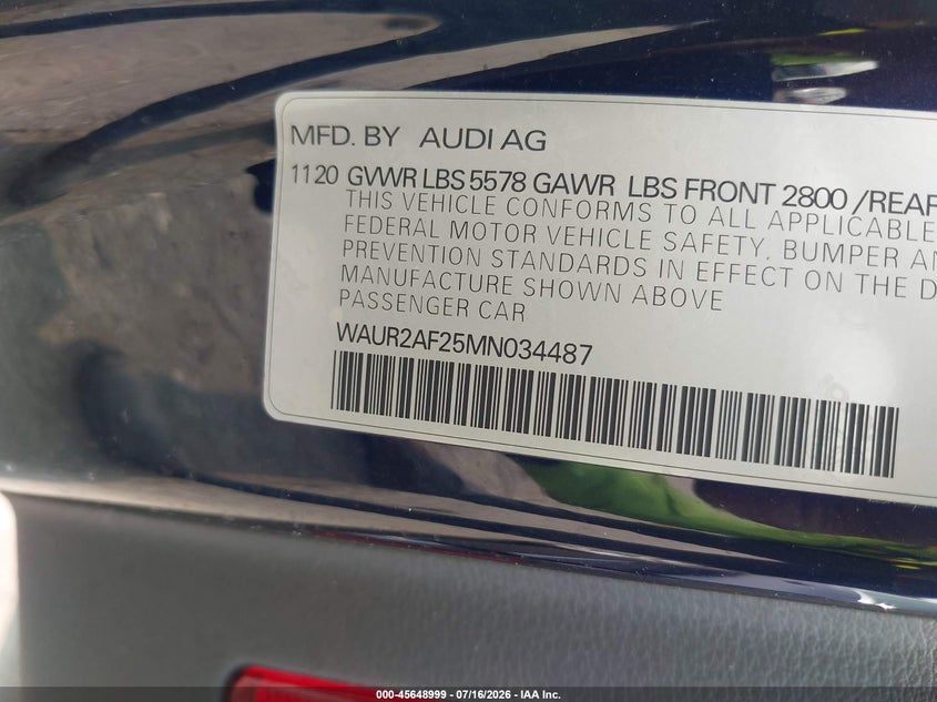 2021 Audi A7 VIN WAUR2AF25MN034487 IAAI salvage auction — FRONT END, Salvage (Pennsylvania), sold $13,500 on 2026-07-31 (photo 9)