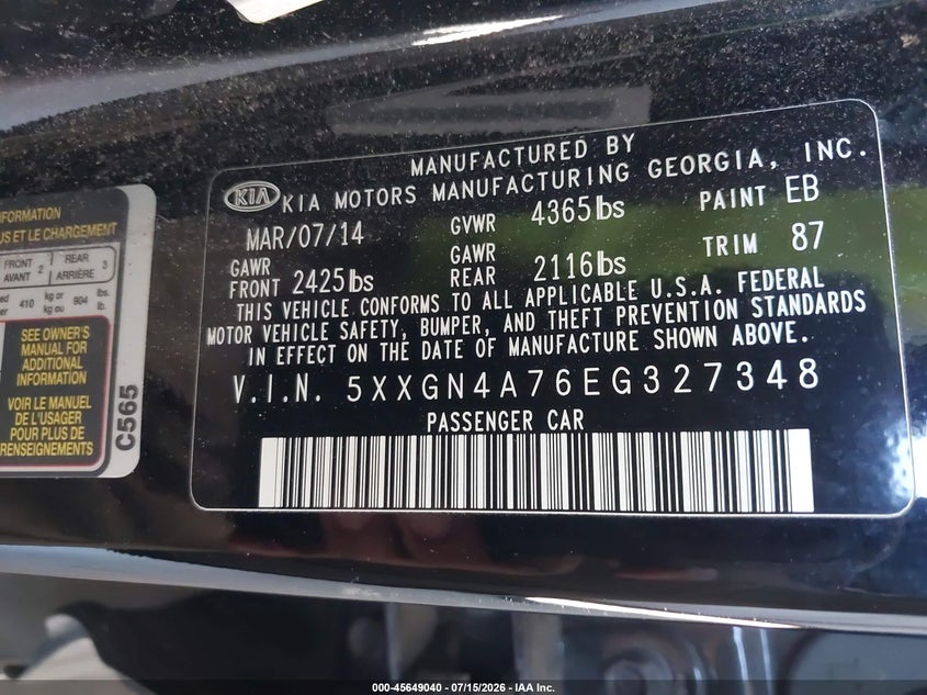 2014 Kia Optima VIN 5XXGN4A76EG327348 IAAI salvage auction — NORMAL WEAR, Salvage Title, sold $450 on 2026-07-28 (photo 9)