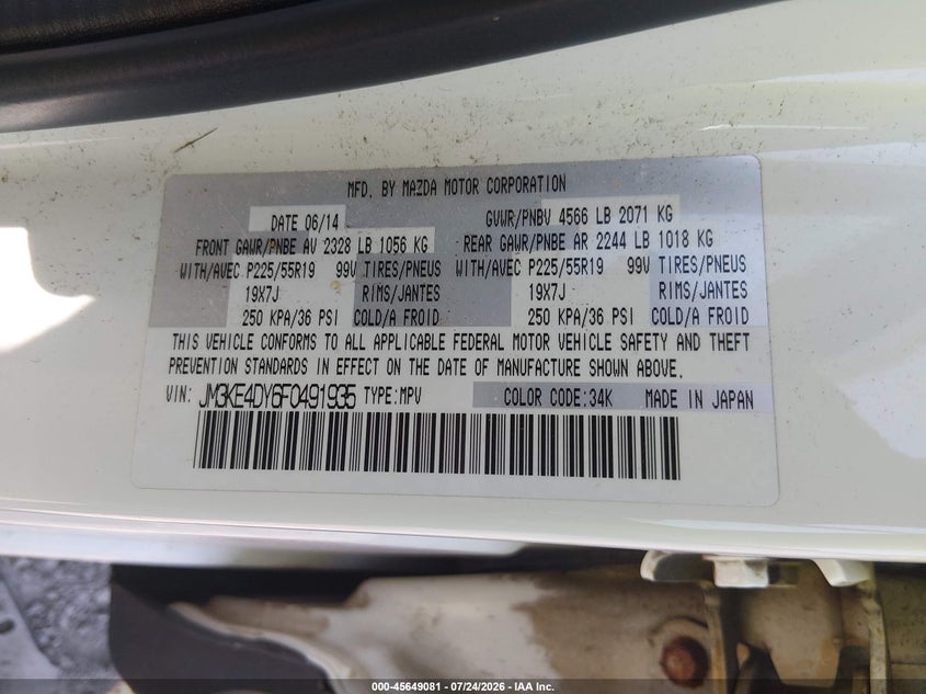 2015 Mazda Cx-5 VIN JM3KE4DY6F0491935 IAAI salvage auction — BIOHAZARD/CHEMICAL, Mv-907A (New York), sold $1,450 on 2026-07-30 (photo 9)