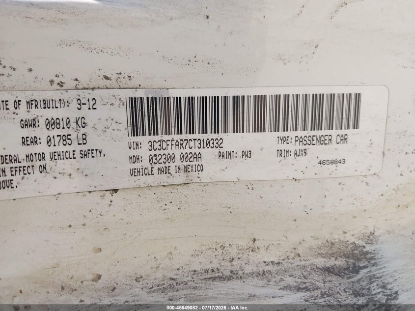 2012 Fiat 500 VIN 3C3CFFAR7CT310332 IAAI salvage auction — NORMAL WEAR, Original (Maine), sold $200 on 2026-08-03 (photo 9)