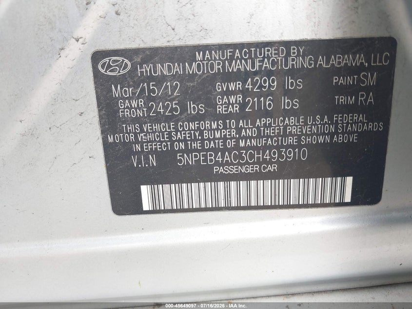 2012 Hyundai Sonata VIN 5NPEB4AC3CH493910 IAAI salvage auction — REAR END, Salvage Title, sold $725 on 2026-07-24 (photo 9)