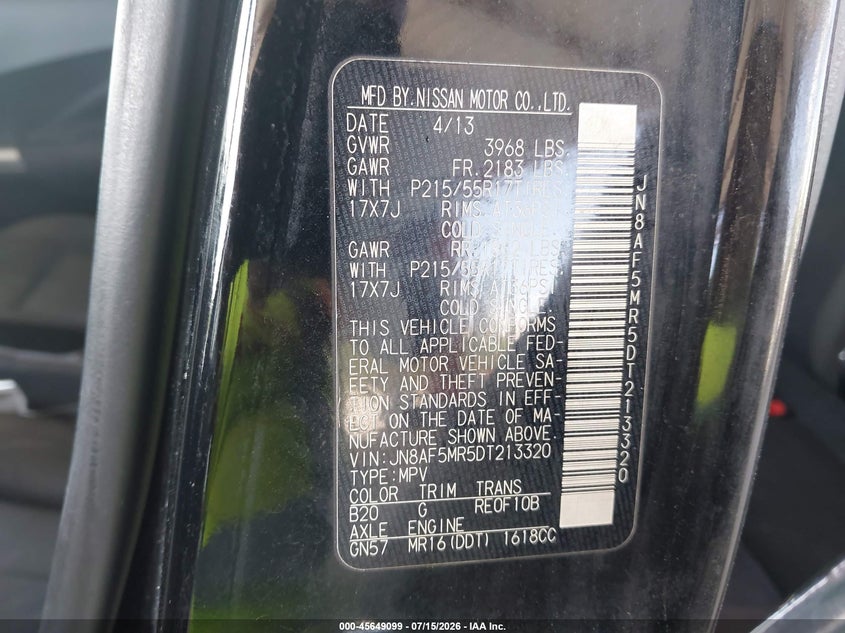 2013 Nissan Juke VIN JN8AF5MR5DT213320 IAAI salvage auction — NORMAL WEAR, Clear (Florida), sold $25 on 2026-07-28 (photo 9)