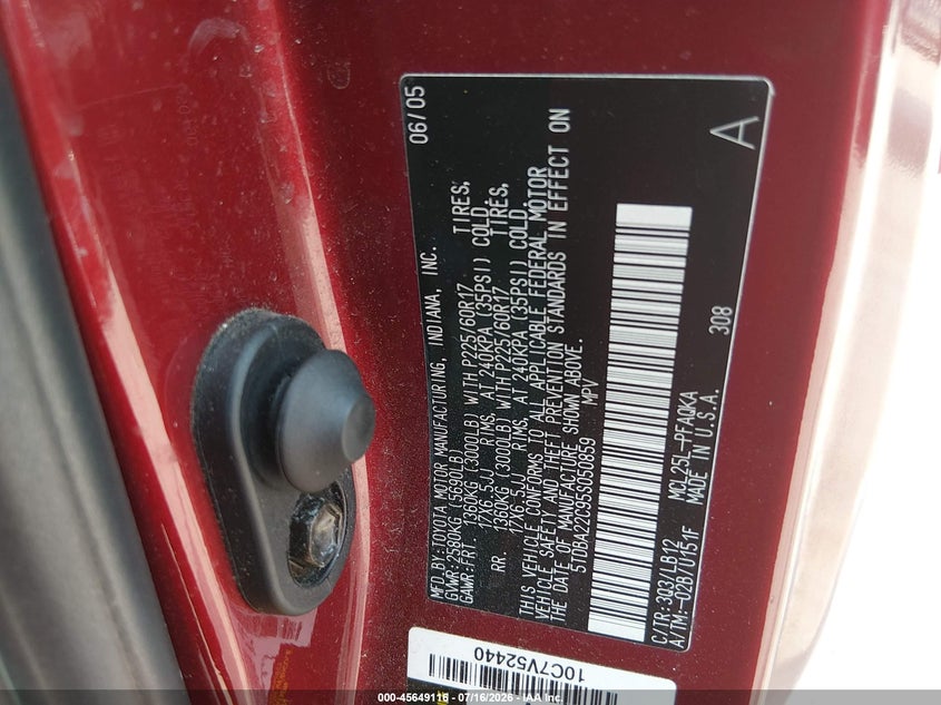 2005 Toyota Sienna VIN 5TDBA22C95S050859 IAAI salvage auction — NORMAL WEAR, Clear (Illinois), sold $475 on 2026-07-28 (photo 9)