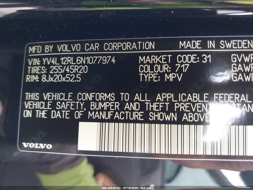 2022 Volvo Xc60 VIN YV4L12RL6N1077974 IAAI salvage auction — RIGHT FRONT, Salvage Title, sold $12,500 on 2026-08-07 (photo 9)