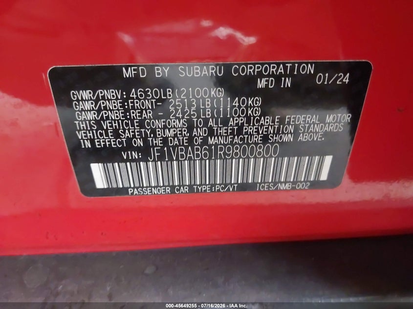 2024 Subaru Wrx VIN JF1VBAB61R9800800 IAAI salvage auction — FRONT END, Bill Of Sale (Washington), sold $2,050 on 2026-08-02 (photo 9)