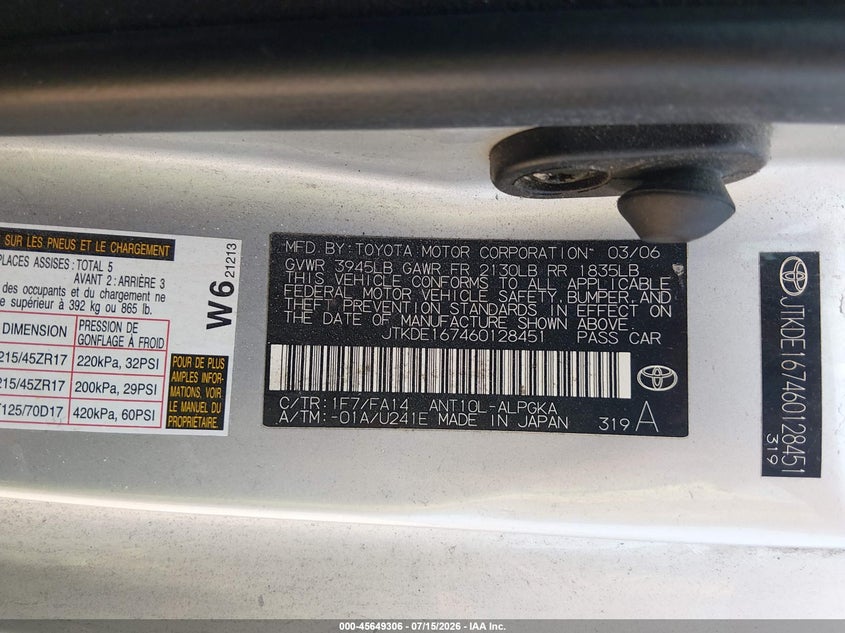 2006 Scion Tc VIN JTKDE167460128451 IAAI salvage auction — NORMAL WEAR, Clear (Maryland), sold $25 on 2026-07-23 (photo 9)