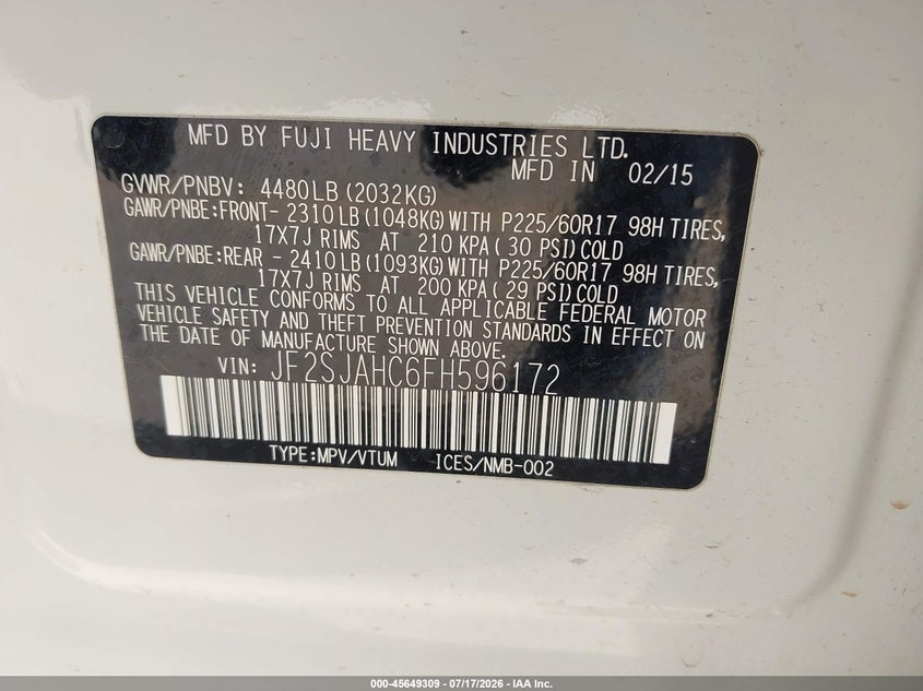 2015 Subaru Forester VIN JF2SJAHC6FH596172 IAAI salvage auction — NORMAL WEAR, Clear (Texas), sold $1,925 on 2026-07-23 (photo 9)
