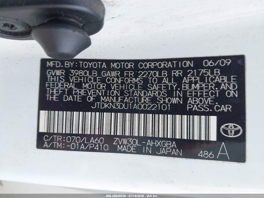 2010 Toyota Prius VIN JTDKN3DU1A0022101 IAAI salvage auction — NORMAL WEAR, Original (Texas), sold $225 on 2026-07-21 (photo 9)