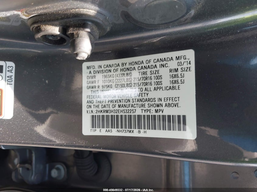 2014 Honda Cr-v VIN 2HKRM3H32EH532257 IAAI salvage auction — LEFT SIDE, Salvage Certificate (California), sold $3,500 on 2026-07-24 (photo 9)
