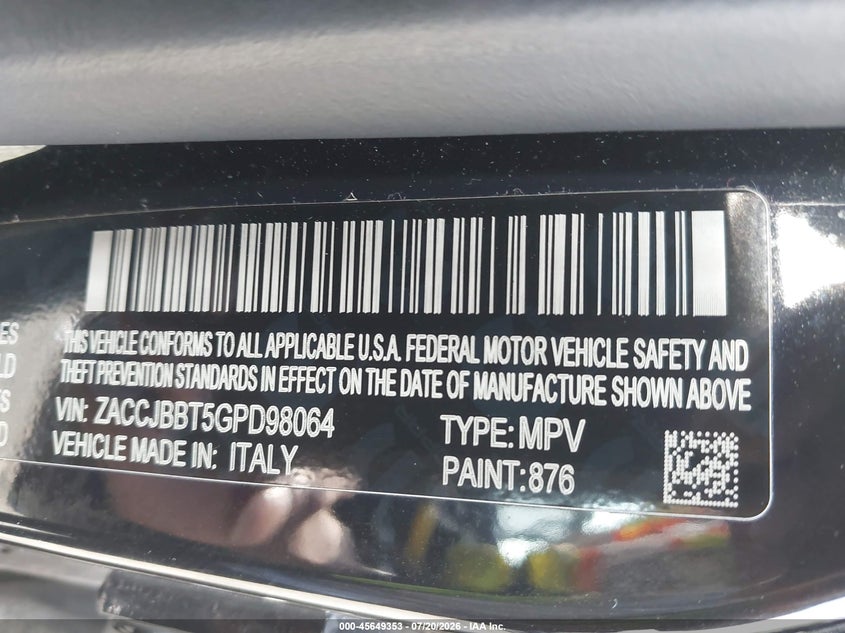 2016 Jeep Renegade VIN ZACCJBBT5GPD98064 IAAI salvage auction — RIGHT SIDE, Salvage Title, sold $1,550 on 2026-08-11 (photo 9)