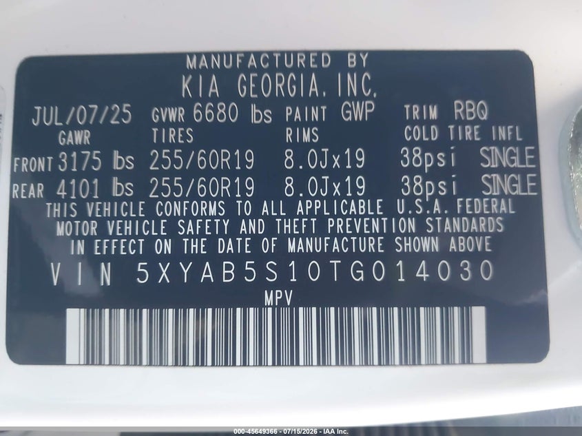 2026 Kia Ev9 VIN 5XYAB5S10TG014030 IAAI salvage auction — RIGHT FRONT, Wait Title, sold $17,500 on 2026-08-29 (photo 9)