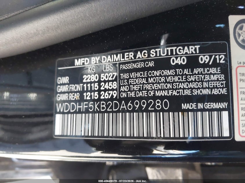 2013 Mercedes-benz E-klasse VIN WDDHF5KB2DA699280 IAAI salvage auction — NORMAL WEAR, Clear - Dealer Only (California), sold $25 on 2026-07-30 (photo 9)