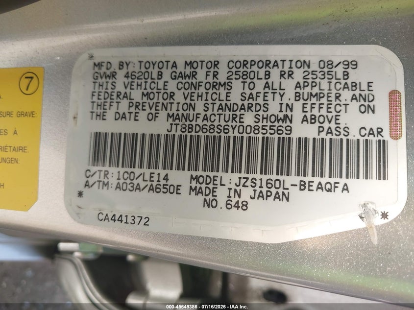 2000 Lexus Gs 300 VIN JT8BD68S6Y0085569 IAAI salvage auction — REAR END, Salvage (Ohio), sold $250 on 2026-09-05 (photo 9)
