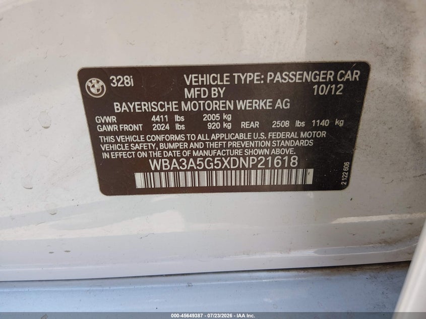 2013 BMW 3er VIN WBA3A5G5XDNP21618 IAAI salvage auction — FRONT END, Salvage Title, sold $25 on 2026-09-08 (photo 9)