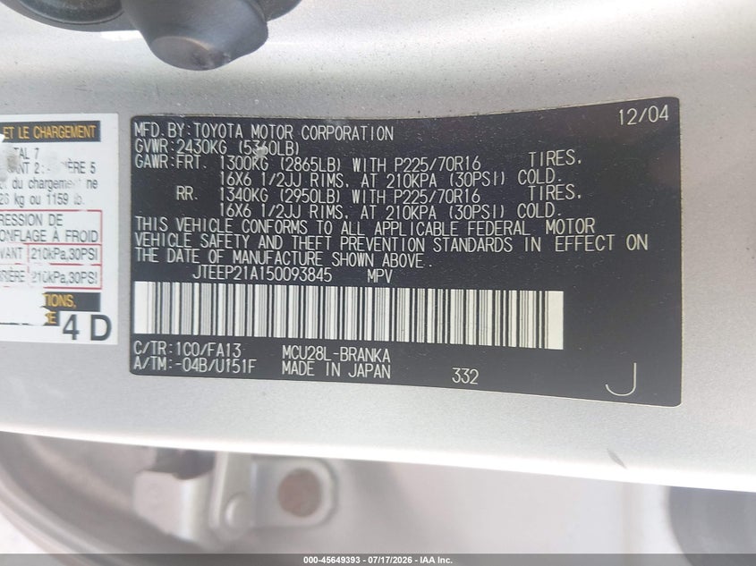 2005 Toyota Highlander VIN JTEEP21A150093845 IAAI salvage auction — LEFT FRONT, Salvage (Tennessee), sold $150 on 2026-07-29 (photo 9)