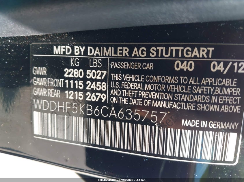 2012 Mercedes-benz E-klasse VIN WDDHF5KB6CA635757 IAAI salvage auction — NORMAL WEAR, Clear (South Carolina), sold $875 on 2026-07-29 (photo 9)