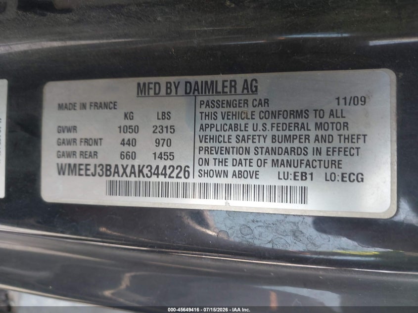 2010 Smart Fortwo VIN WMEEJ3BAXAK344226 IAAI salvage auction — NORMAL WEAR, Clear (North Carolina), sold $25 on 2026-07-30 (photo 9)