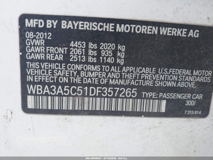 2013 BMW 3er VIN WBA3A5C51DF357265 IAAI salvage auction — NORMAL WEAR, Salvage Title, sold $500 on 2026-07-23 (photo 9)