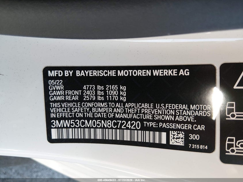 2022 BMW 2er VIN 3MW53CM05N8C72420 IAAI salvage auction — FRONT END, Salvage (California), sold $15,000 on 2026-08-29 (photo 9)