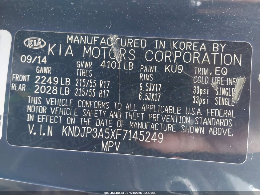 2015 Kia Soul VIN KNDJP3A5XF7145249 IAAI salvage auction — FRONT END, Clear (Massachusetts), sold $700 on 2026-07-31 (photo 9)