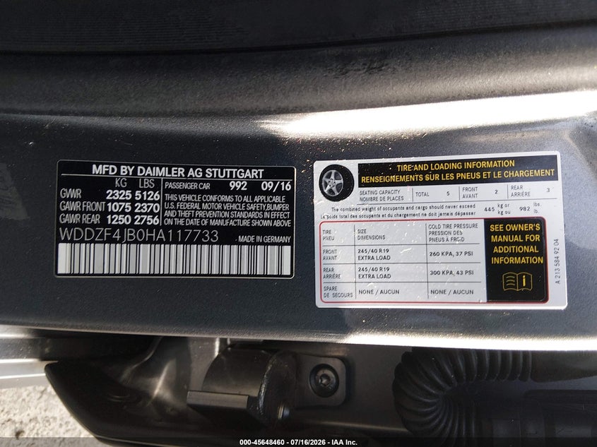 2017 Mercedes-benz E-klasse VIN WDDZF4JB0HA117733 IAAI salvage auction — FRONT END, Rebuildable (Florida), sold $7,100 on 2026-08-13 (photo 9)