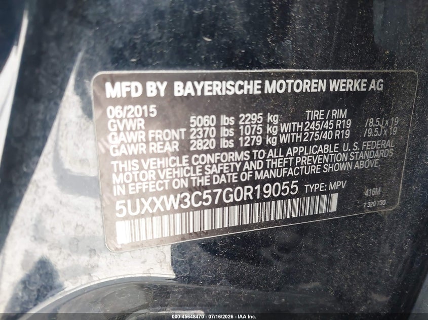 2016 BMW X4 VIN 5UXXW3C57G0R19055 IAAI salvage auction — NORMAL WEAR, Clear (Georgia), sold $300 on 2026-07-22 (photo 9)