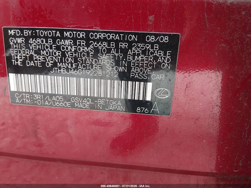 2009 Lexus Es 350 VIN JTHBJ46G192281212 IAAI salvage auction — LEFT FRONT, Clear (Massachusetts), sold $975 on 2026-07-24 (photo 9)